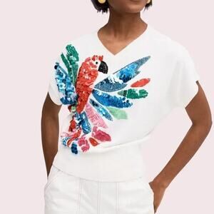Kate Spade NY Parrot Sequin Top Knit Short Sleeve White Multi Color V Neck XXL